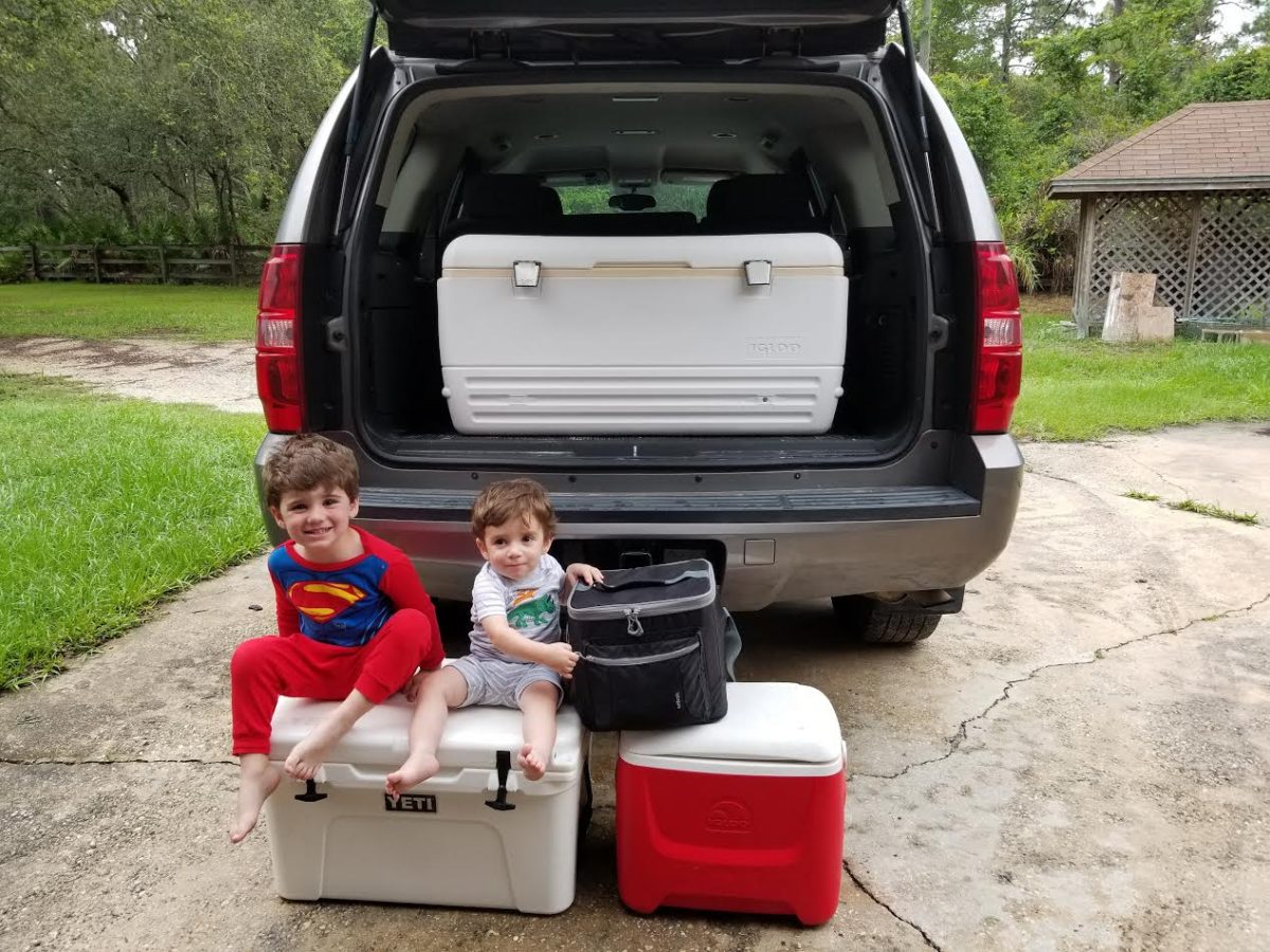 Back of van with coolers of donor milk and two young boys.